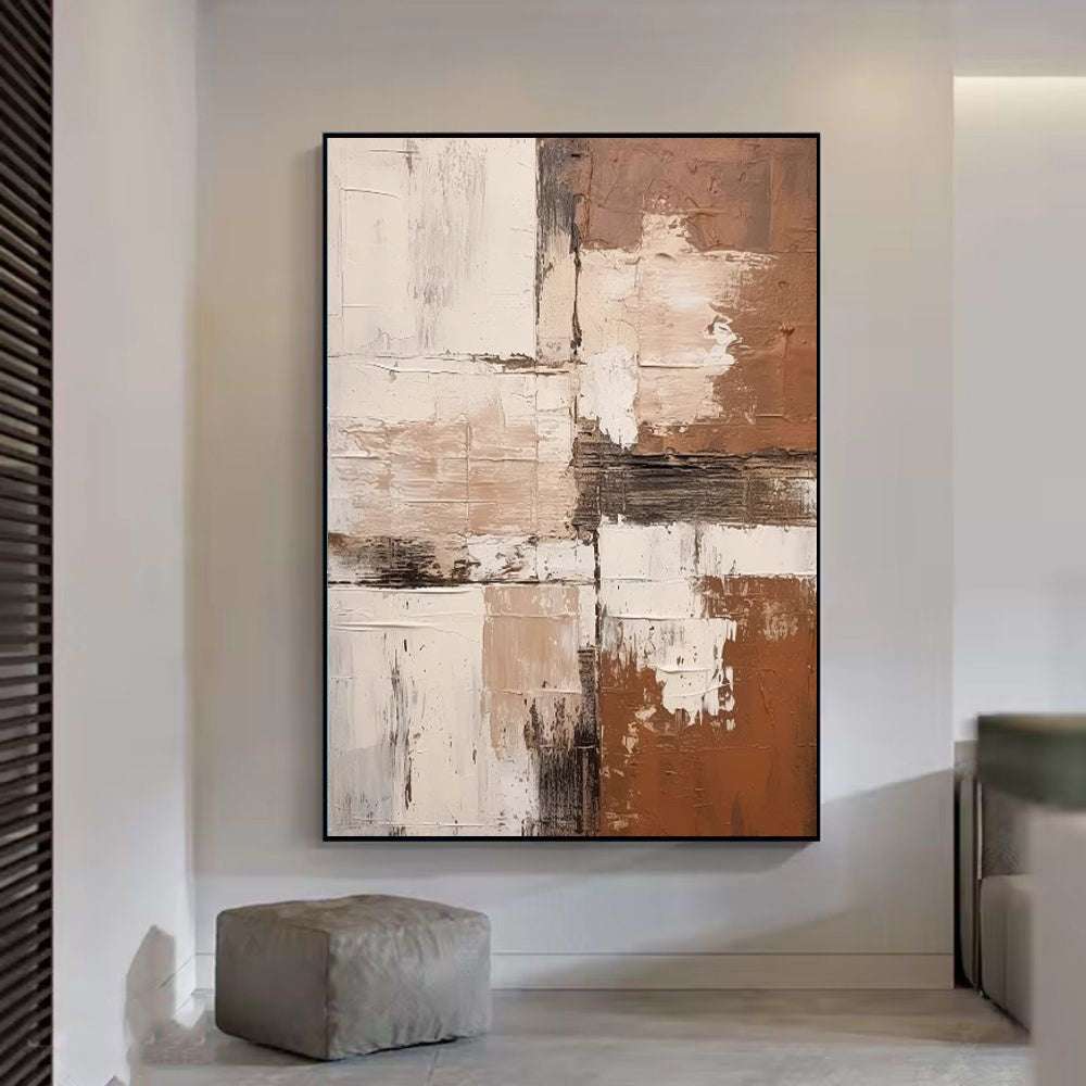 Large abstract handmade brown textured oil painting on canvas for modern living room decor