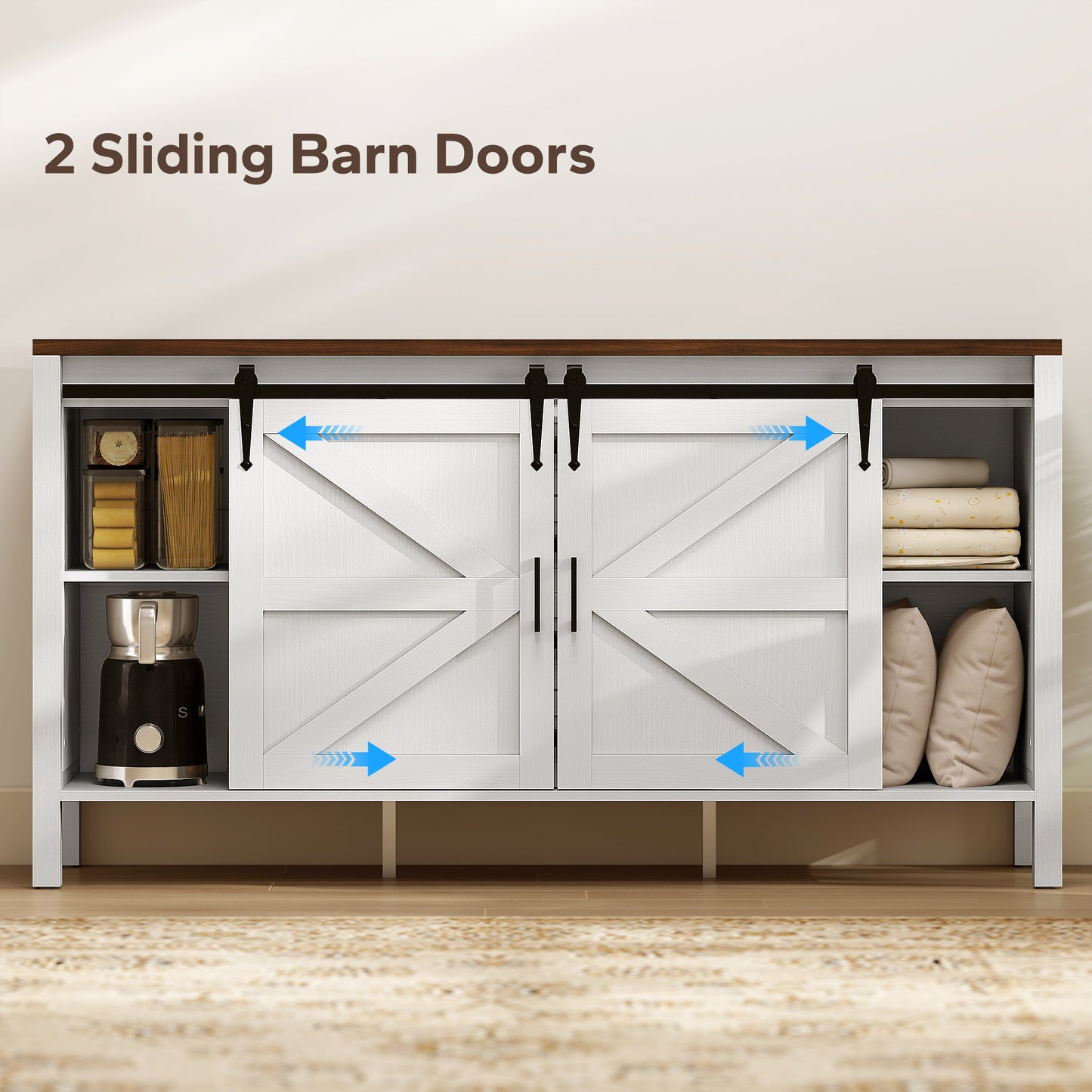 59 Buffet Cabinet, Farmhouse Sideboard With Thick Top, 2 Barn Doors, 4 Drawers And 2 Adjustable Shelves, White