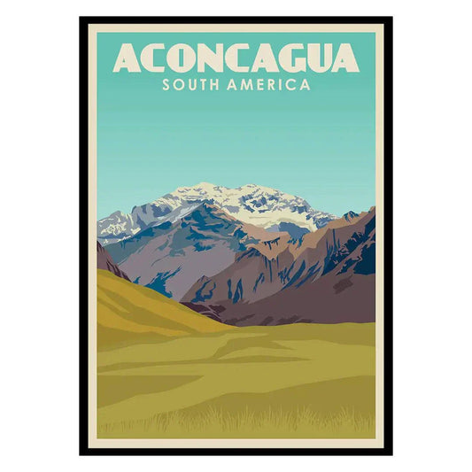 Vintage Aconcagua poster showcasing South America's iconic snow-capped mountain with clear blue sky on thick matte paper