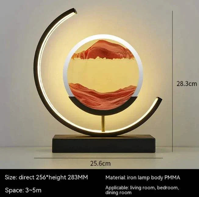 Chinese Style Hourglass Table Lamp with glowing circular iron frame and decorative sand centerpiece on black base
