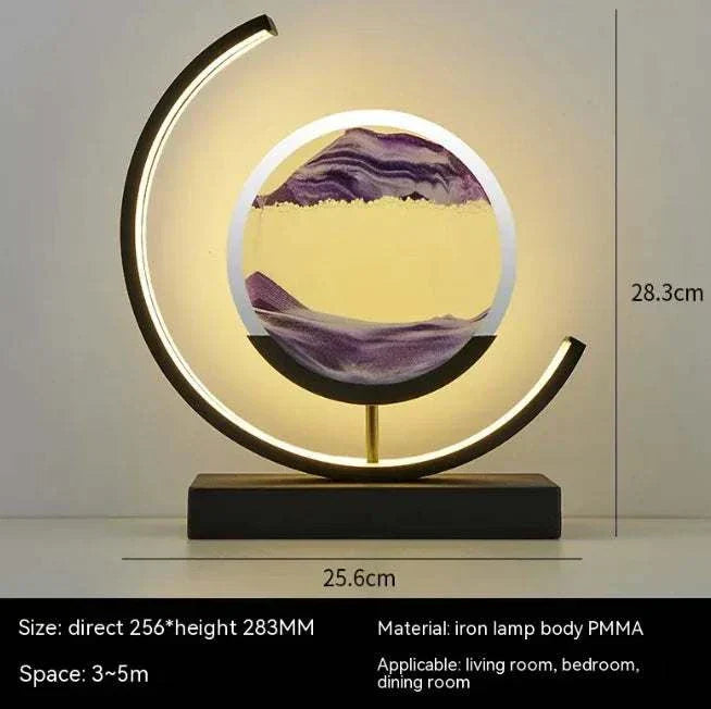 Chinese Style Hourglass Table Lamp with glowing circular frame and decorative sand-filled hourglass centerpiece on wooden base