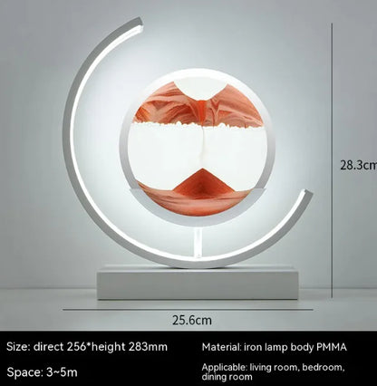 Chinese Style Hourglass Table Lamp with glowing circular LED frame and red sand timer design on white base