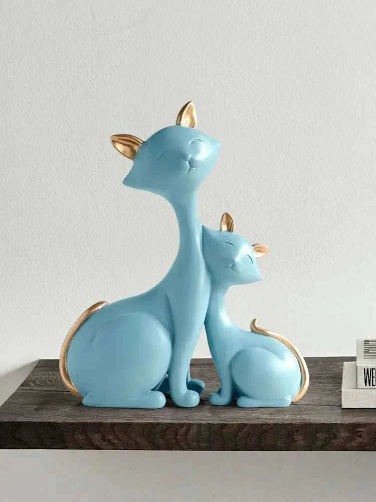 Modern minimalist blue lucky cat figurines with gold accents for home decor