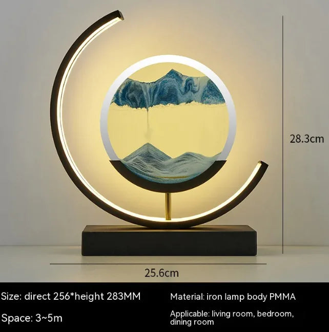 Chinese style hourglass table lamp with modern curved LED light and blue sand design on black base
