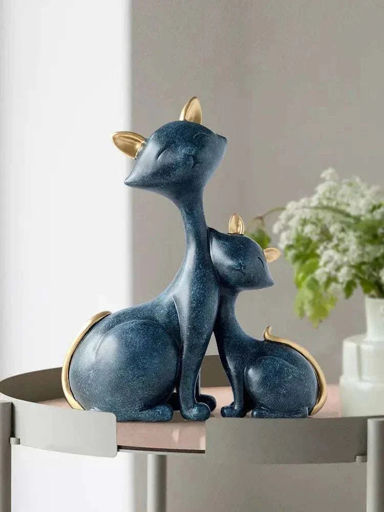 Modern minimalist blue Lucky Cat figurine set with gold accents for home decor