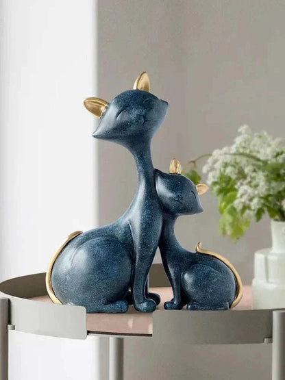 Modern minimalist blue Lucky Cat figurine set with gold accents for home decor