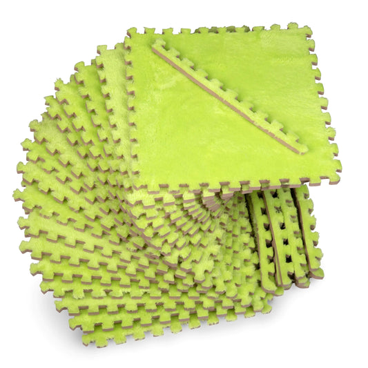 16 piece green plush interlocking carpet squares puzzle mat for soft flooring