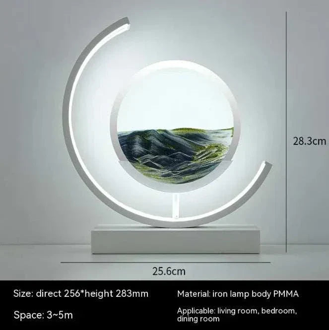 Contemporary decorative lamp with circular LED design and scenic hourglass centerpiece, Chinese style hourglass table lamp alternative.