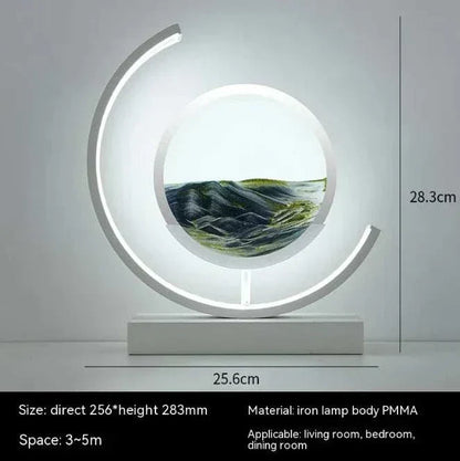 Contemporary decorative lamp with circular LED design and scenic hourglass centerpiece, Chinese style hourglass table lamp alternative.
