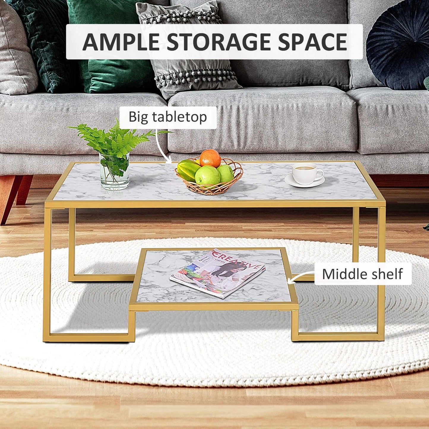 Minimalist Art Deco coffee table with marble laminate top and gold frame featuring ample storage shelf