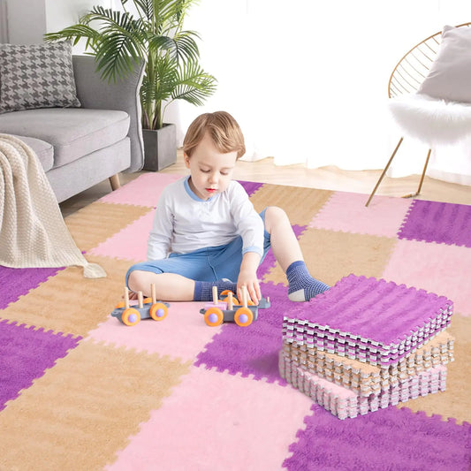 Child playing on purple, pink, and light brown plush interlocking carpet tiles foam mat in bright room with sofa and plant nearby