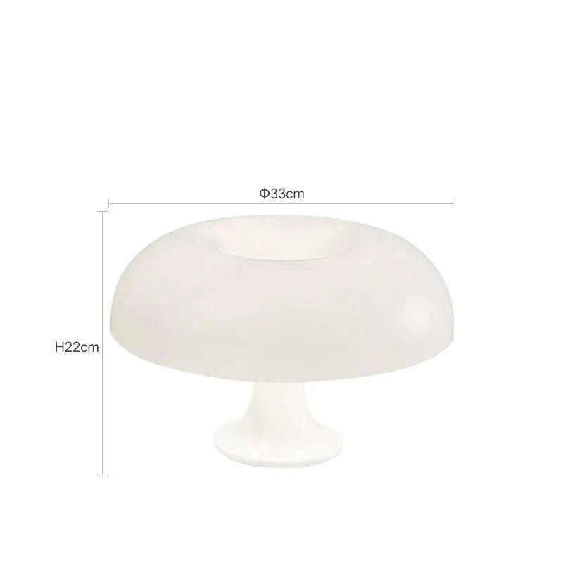 White mushroom-shaped acrylic table lamp with warm LED light, 33cm diameter and 22cm height, USB dimmable three-color light
