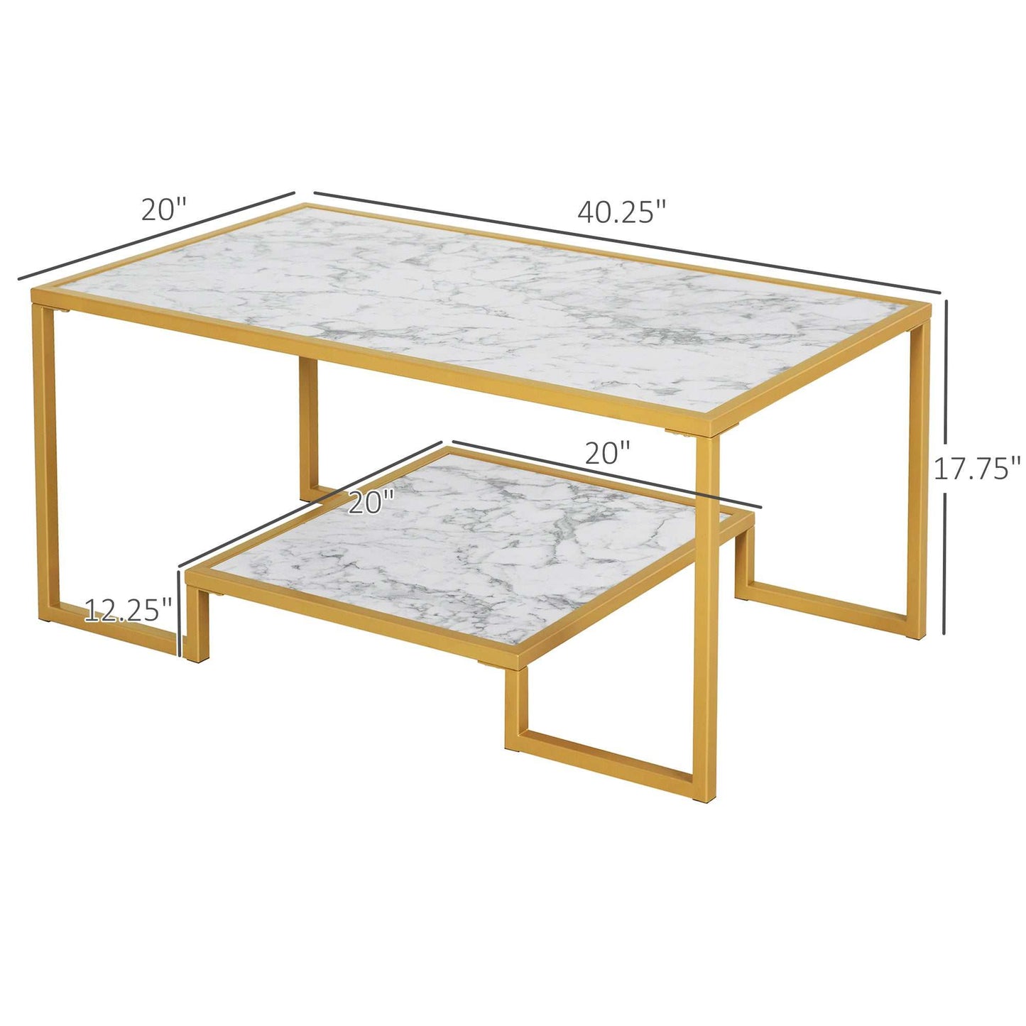 Minimalist Art Deco coffee table with gold metal frame, marble laminate top, and underneath storage shelf, 40.25"x20"x17.75"