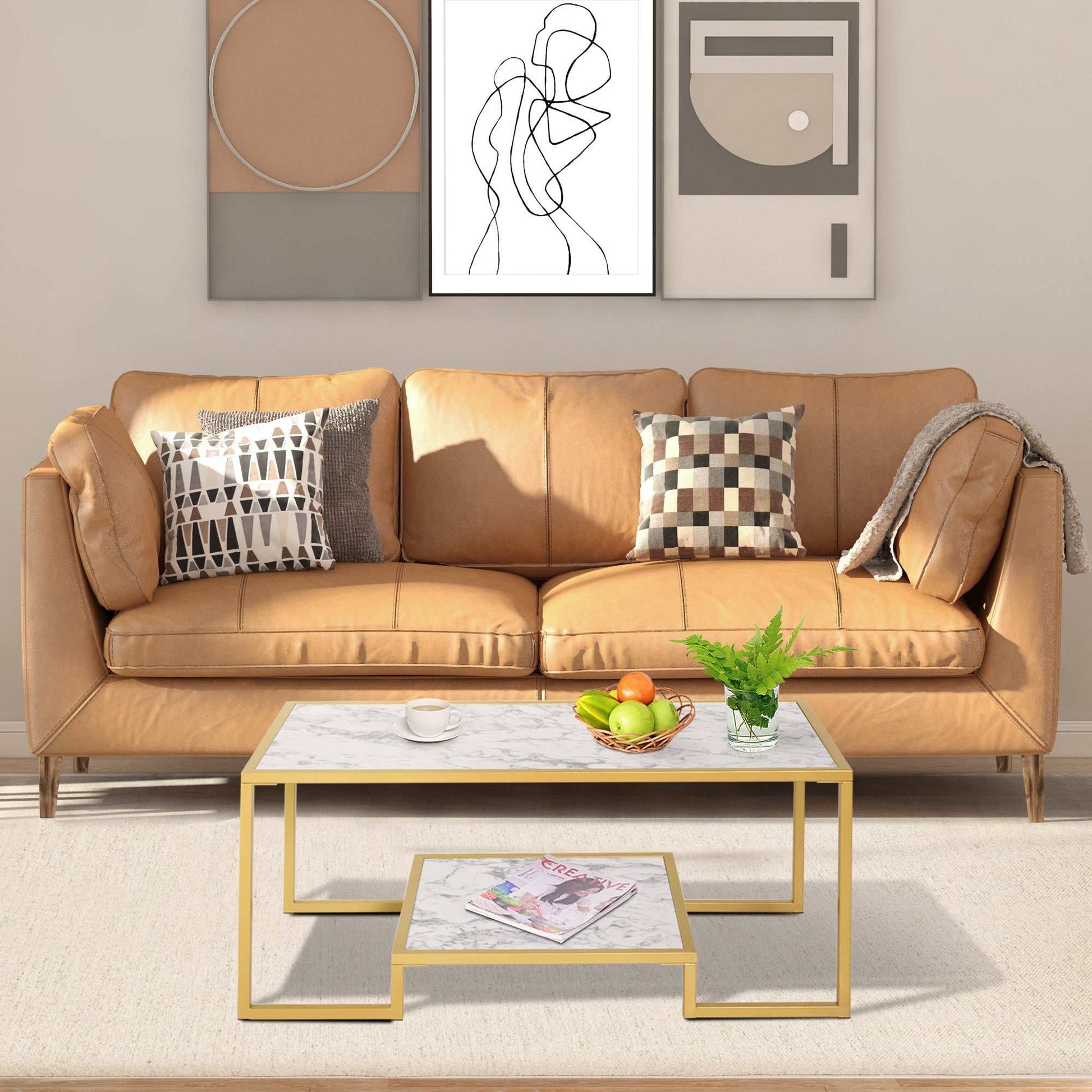 Minimalist Art Deco coffee table with white marble laminate top and gold metal frame in living room setting