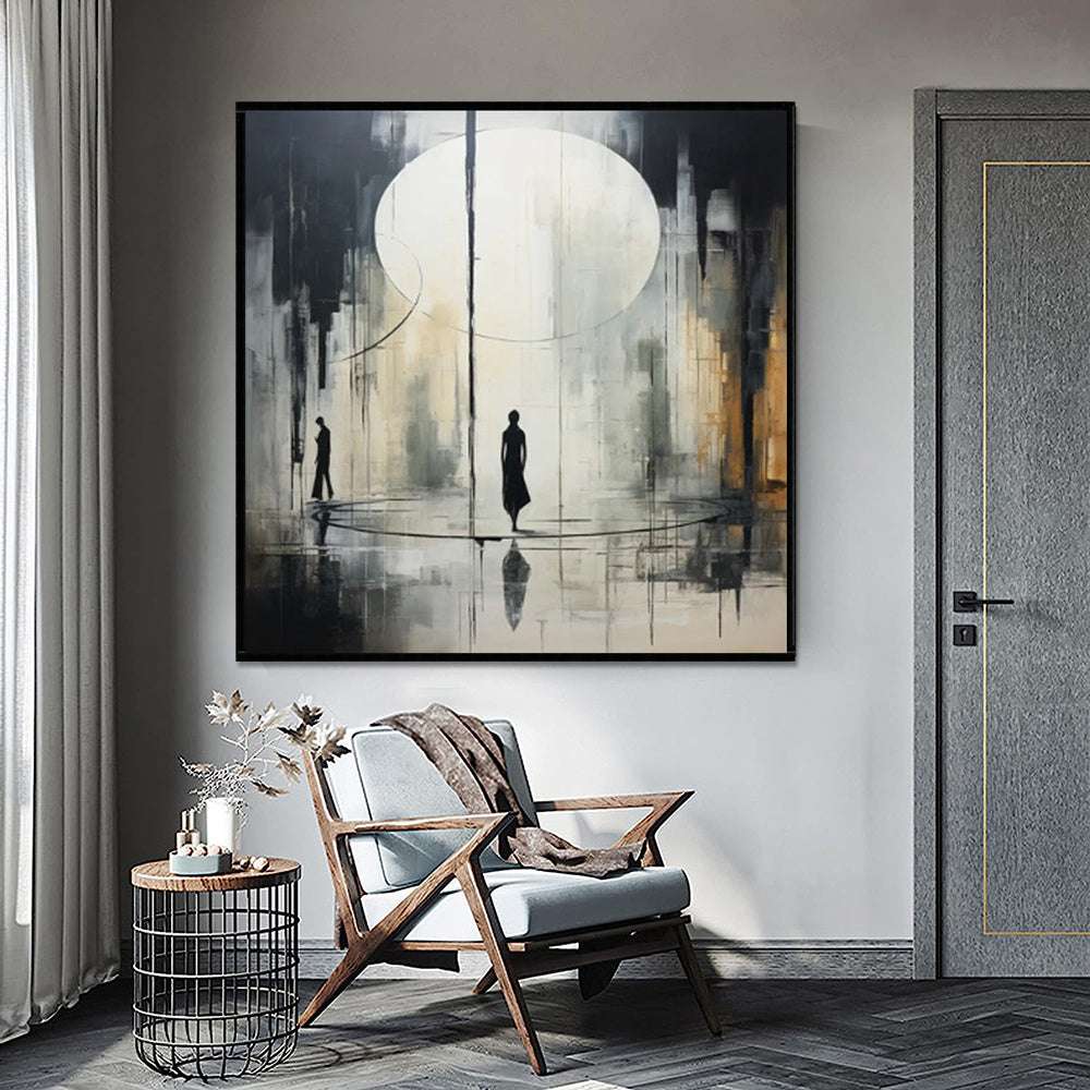 Handmade black and white abstract oil painting on canvas wall art for modern home office decor