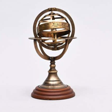 Decorative 4inch Brass Armillary Sphere With Wood Base For Desk Or Shelf Display