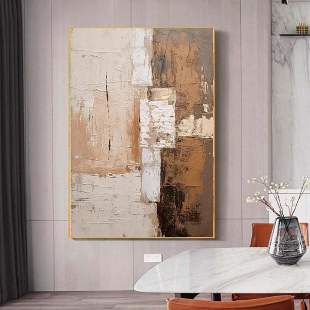 Large abstract handmade oil painting with brown textured minimalist wabi-sabi design on canvas for modern living room decor