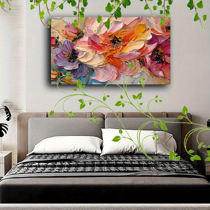 1pc Vibrant Floral Canvas Art With Wooden Frame - Textured Pastel Flowers, Abstract Blossom Arrangement For Home & Office Decor, Ideal For Living Room, Corridor, Anniversary