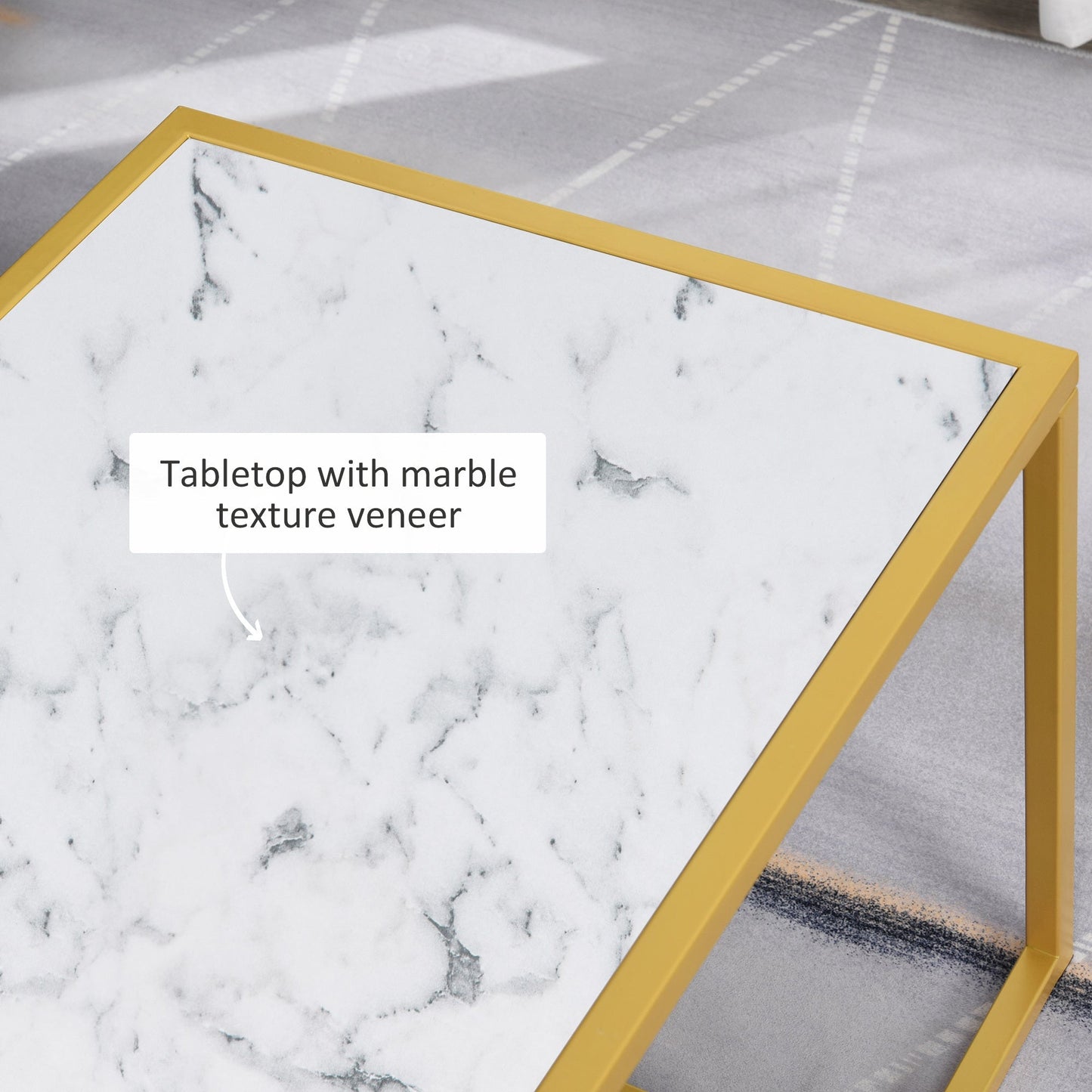 Minimalist Art Deco coffee table with white marble texture veneer tabletop and golden steel frame