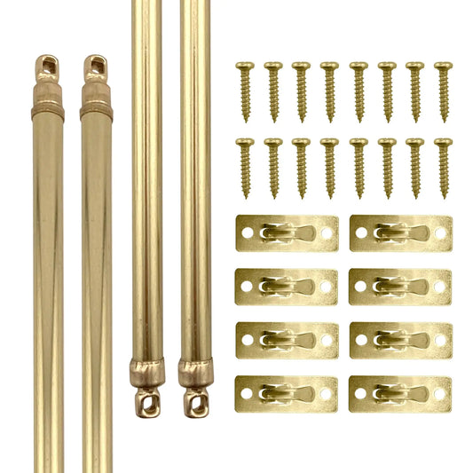 Set of adjustable brass swivel sash curtain rods with mounting brackets and screws for window and door installation