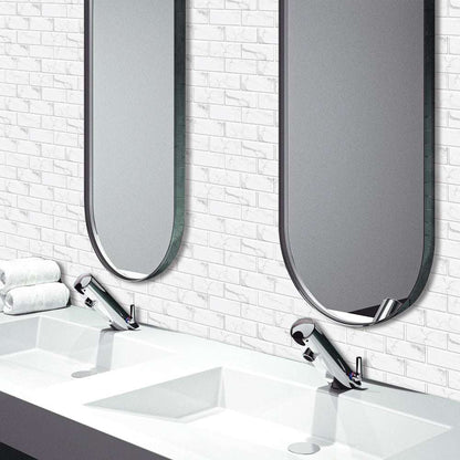White marble look peel and stick PVC tile stickers on bathroom wall behind sinks and mirrors