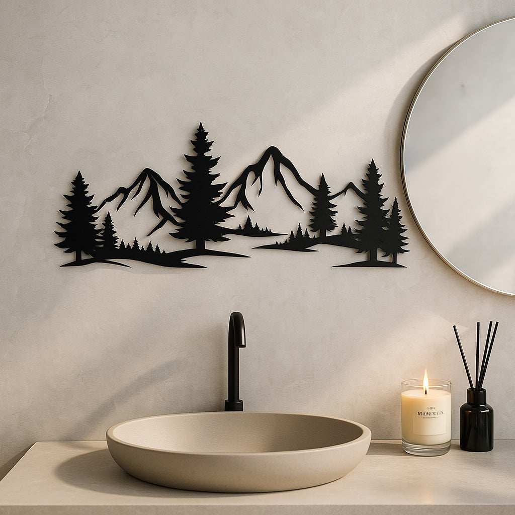 Rustic metallic wall art featuring evergreen forest and mountain design above modern bathroom sink