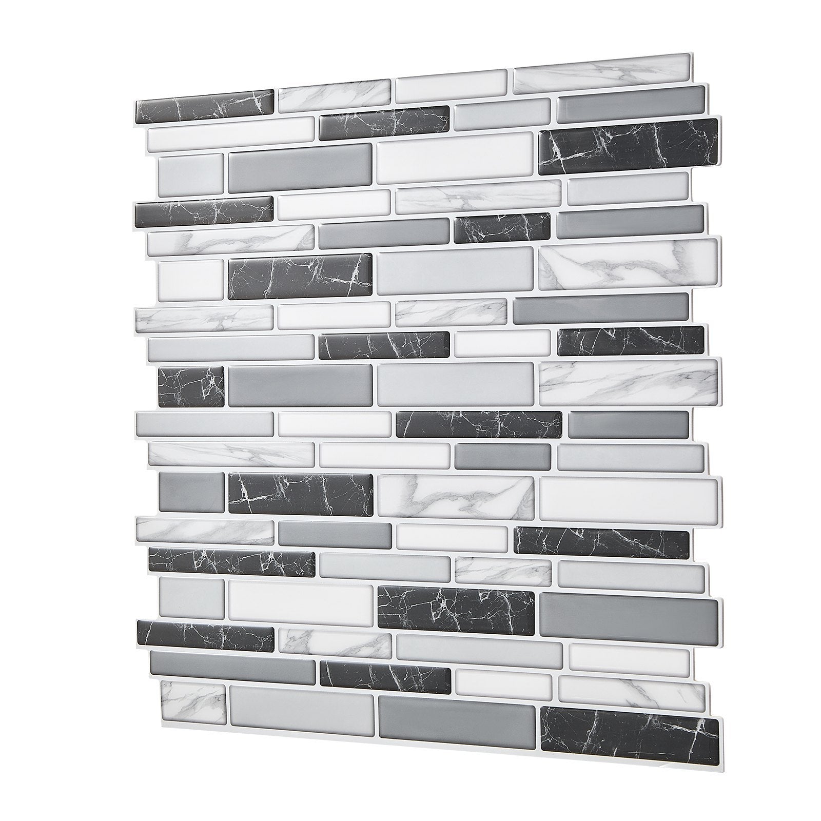 Peel and stick backsplash wall tile with gray and white stone-look pattern, 12x12 inches, self-adhesive, 10-piece set