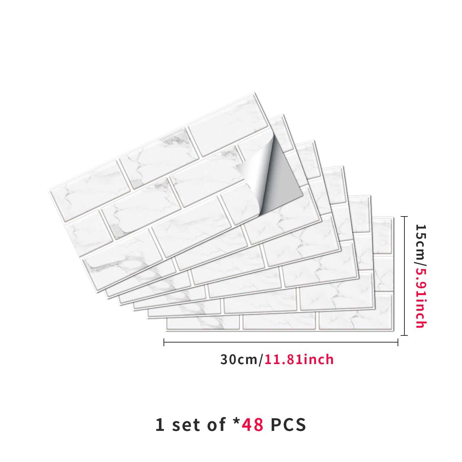 White marble look peel and stick PVC tile stickers, water and oil proof, 48 pieces set, 30x15cm each