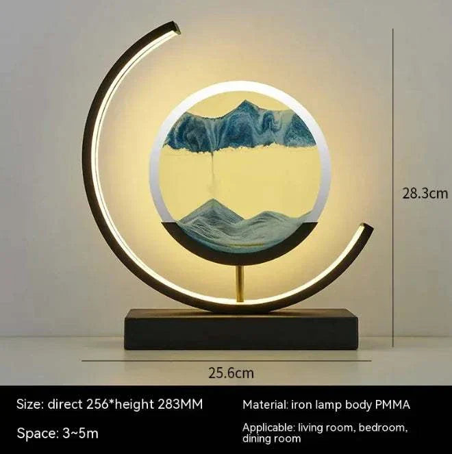 Chinese style hourglass table lamp with illuminated circular frame and blue sand design on black base for living room or bedroom decor