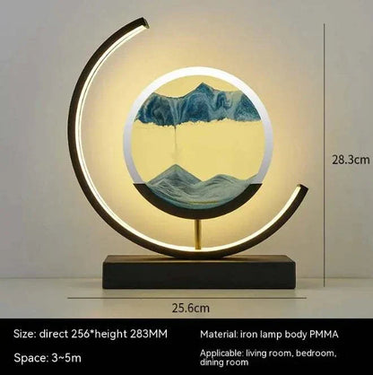 Chinese style hourglass table lamp with illuminated circular frame and blue sand design on black base for living room or bedroom decor