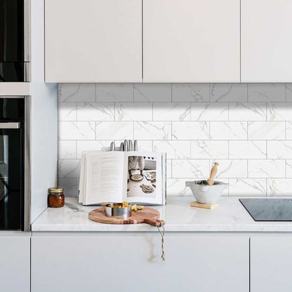 White marble look peel and paste kitchen backsplash wall stickers with splash-proof PVC composite tiles