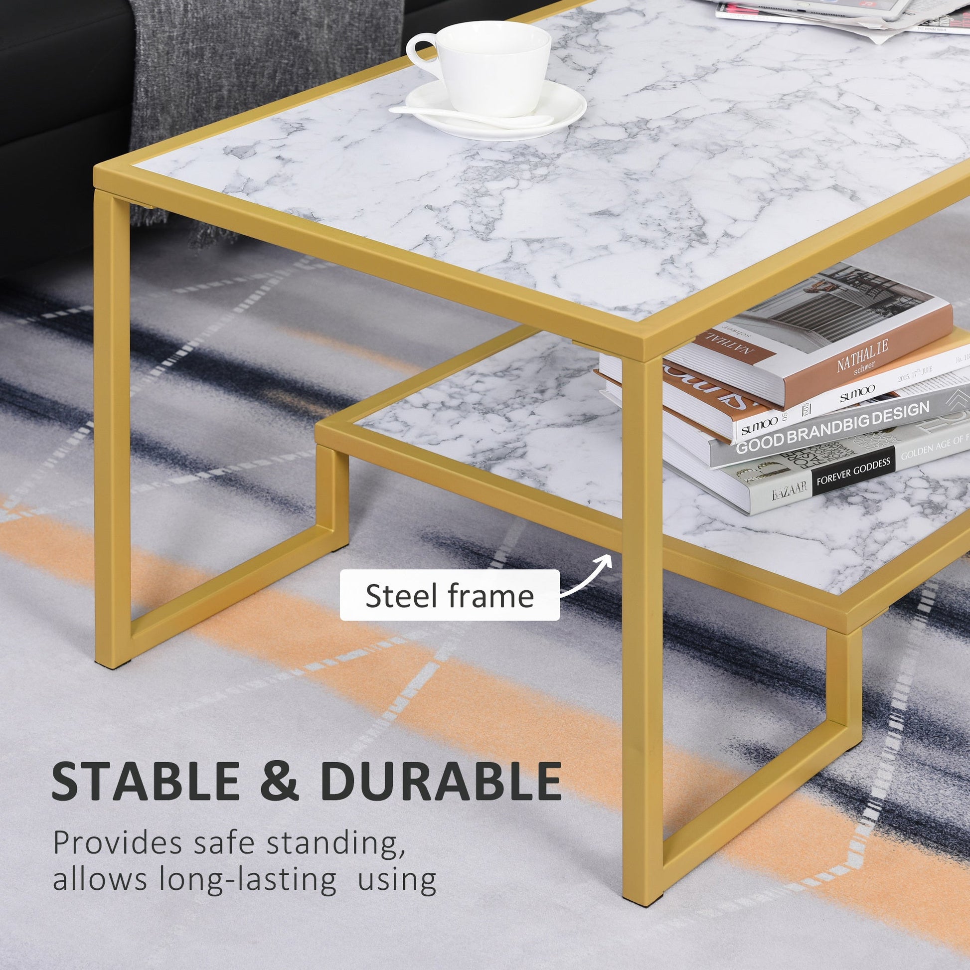 Minimalist Art Deco coffee table with gold steel frame and laminate marble print top and storage shelf