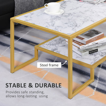 Minimalist Art Deco coffee table with gold steel frame and laminate marble print top and storage shelf