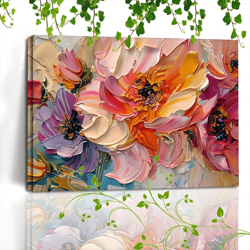 1pc Vibrant Floral Canvas Art With Wooden Frame - Textured Pastel Flowers, Abstract Blossom Arrangement For Home & Office Decor, Ideal For Living Room, Corridor, Anniversary