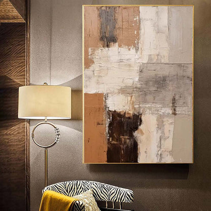 Large abstract handmade brown textured oil painting on canvas wall art in modern minimalist living room decor