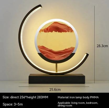 Chinese style hourglass table lamp with iron body and warm LED light in circular design, measuring 25.6cm wide and 28.3cm high