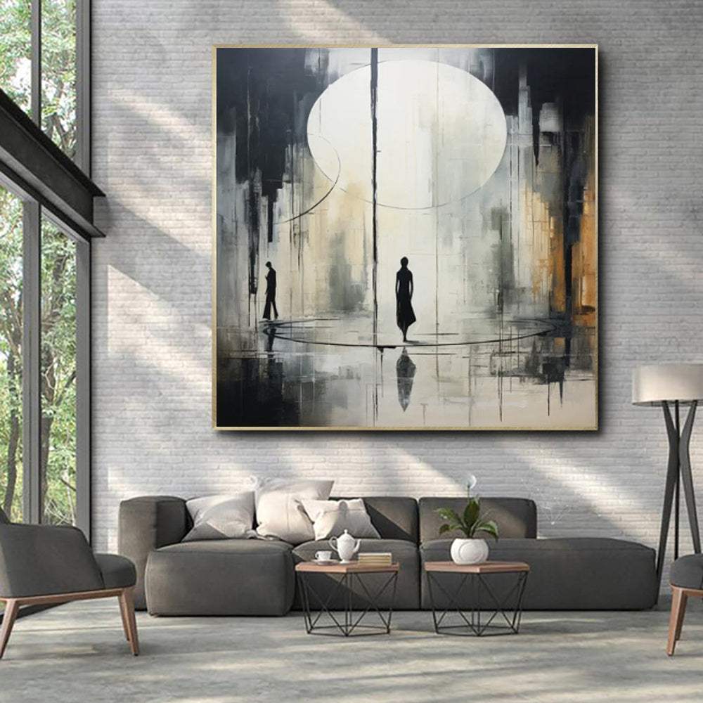 Handmade black and white abstract oil painting on canvas for modern home or office wall decor