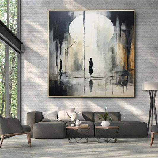 Handmade black and white abstract oil painting on canvas for modern home or office wall decor