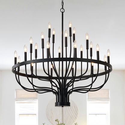24-Light Black Chandelier Industrial Iron Candle Chandelier Modern Suspended Farmhouse Chandeliers Pendant Light Fixtures For Dining Room Bedroom Living Room Kitchen Island Foyer E12 Bulb