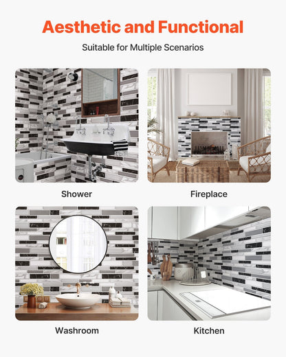 Peel and stick backsplash tiles in black, white, and grey stone-look design for shower, fireplace, washroom, and kitchen walls.