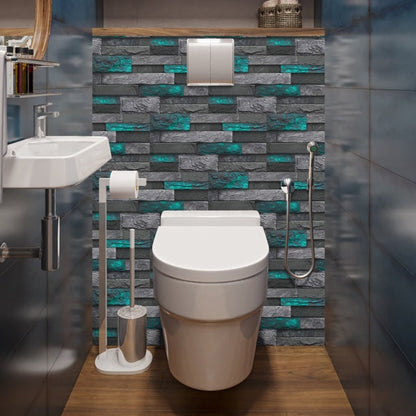 Modern green marble stone tile peel and stick wallpaper in bathroom behind toilet