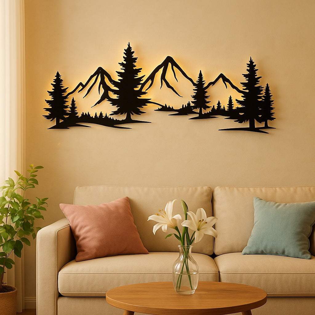 Rustic metallic wall art of evergreen forest and mountain silhouette above beige sofa in living room