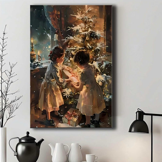 Wrapped canvas painting of children opening gifts by a Christmas tree in pine frame holiday wall decor