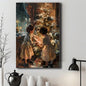 Wrapped canvas painting of children opening gifts by Christmas tree wall decor in pine frame