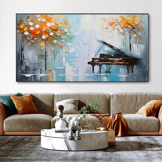 Handmade oil painting of abstract piano and tree landscape on canvas for modern home office decor