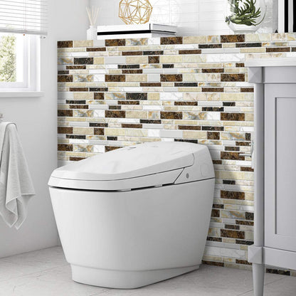 modern bathroom with imitation porcelain tile peel and stick backsplash behind toilet