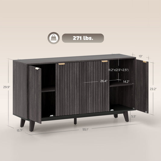 Fluted Sideboard Buffet Cabinet, 55 Coffee Bar Cabinet With 4 Doors, 2 Adjustable Shelves, 5 Wood Legs, Dark Gray