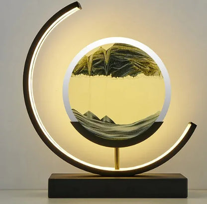 Modern Chinese style hourglass table lamp with circular LED frame and decorative sand display on black base