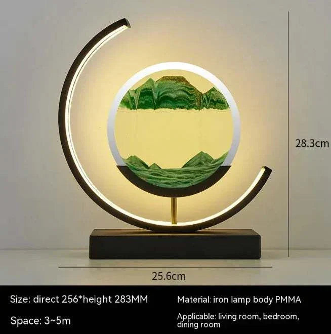 Chinese Style Hourglass Table Lamp with glowing circular frame and green hourglass centerpiece on black base