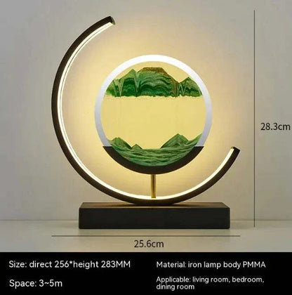 Chinese Style Hourglass Table Lamp with glowing circular frame and green hourglass centerpiece on black base